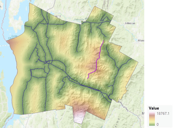 Map of straight-line distance being adjusted with barriers and a surface raster